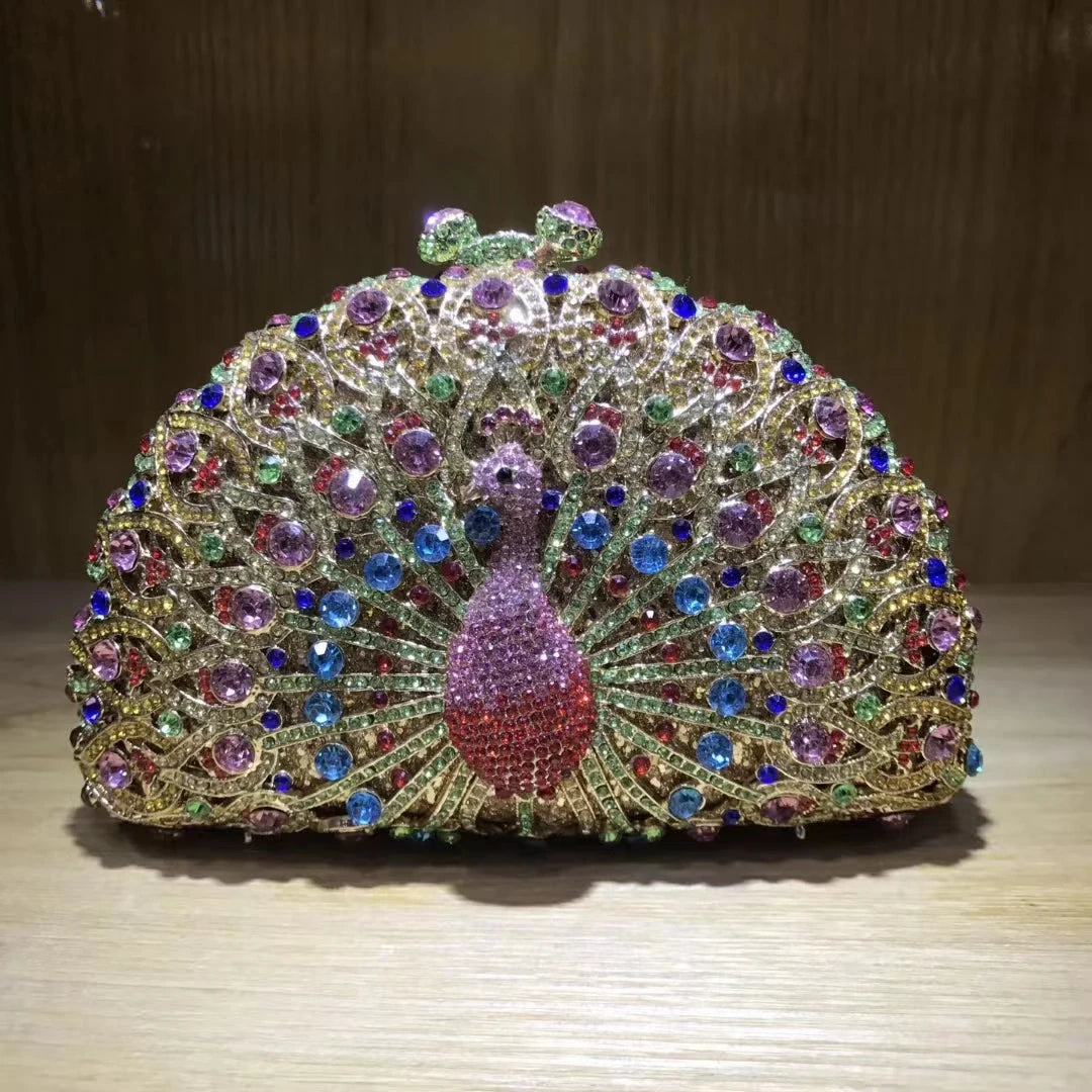 Woman Peacock Hollow Crystal Evening Bag Multicolored Diamond Bridal Animal Clutch Purse Wedding Cocktail Party Handbag