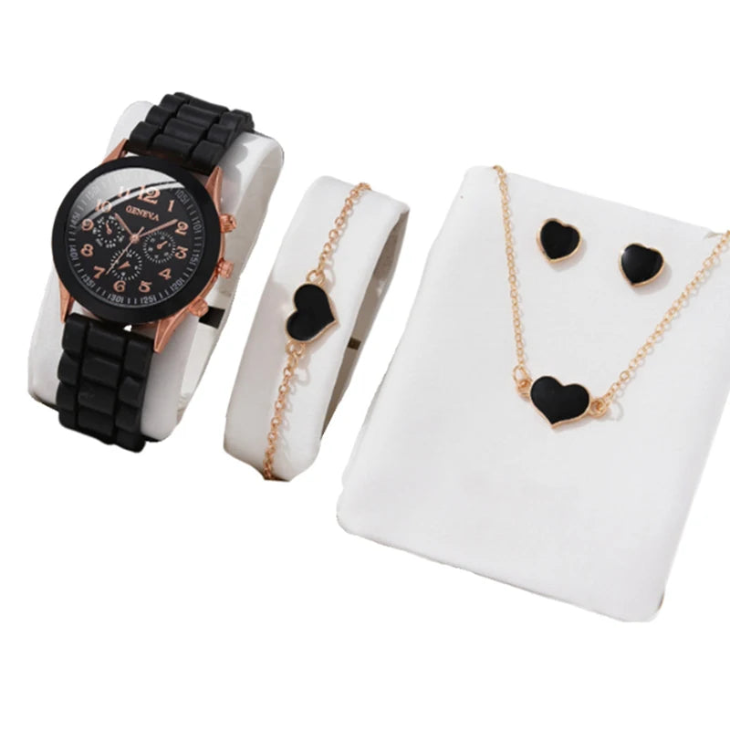 5/6PCS Luxury Watch Women Ring Necklace Earrings Bracelet Set Fashion Heart Butterfly Jewelry Ladies Quartz Wristwatch (137)