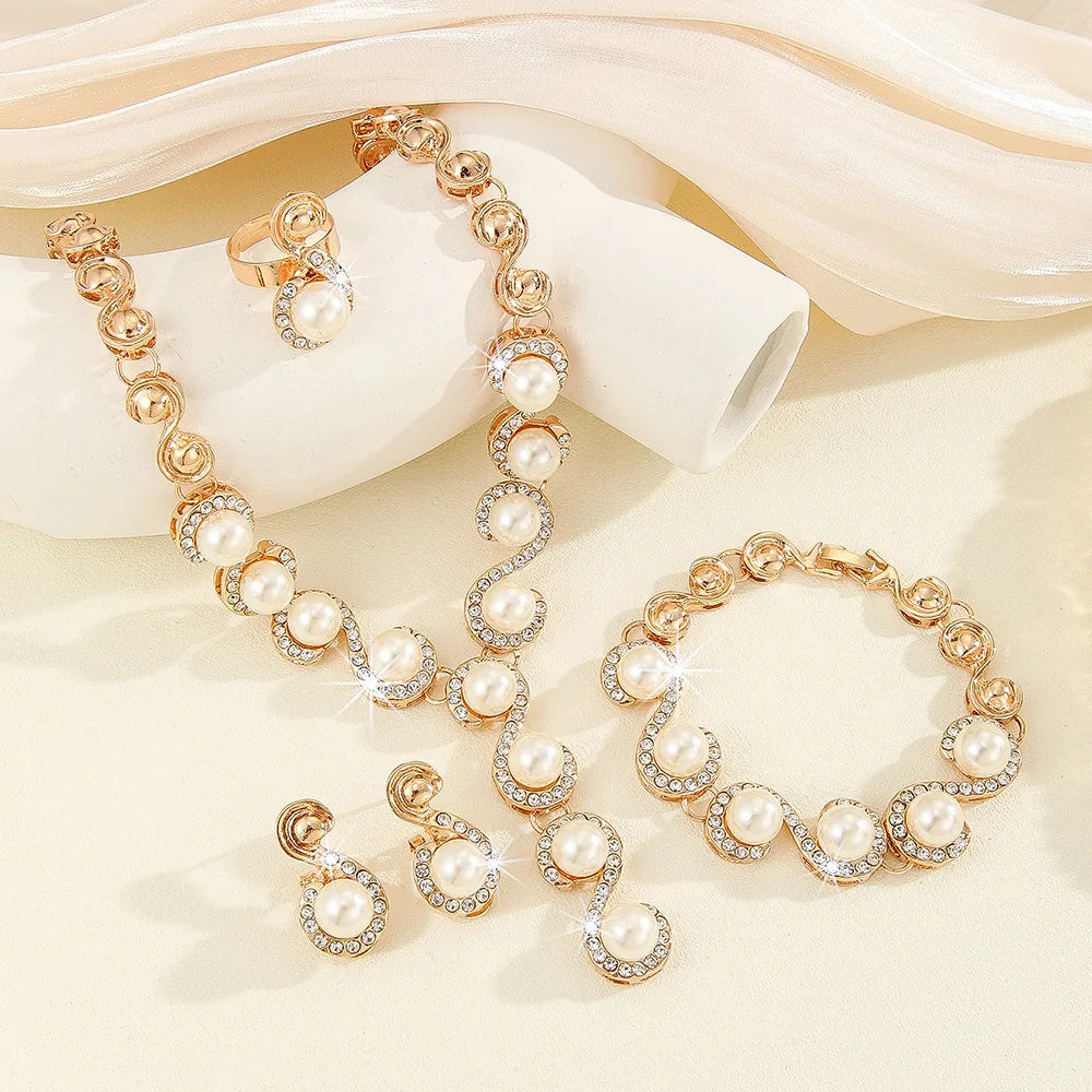 5 PCS Women'S Metal Jewelry Set Pearl Necklace Earring Bracelet Set Holiday Party Jewelry Bridal Wedding Jewelry (129)