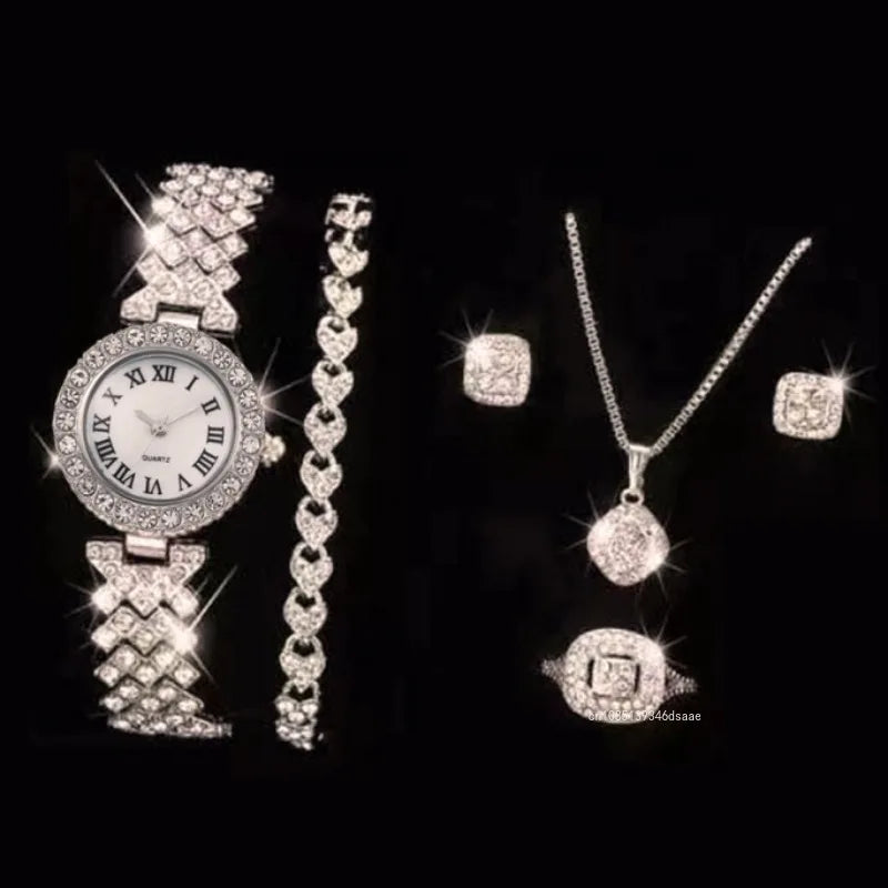 5Pcs Women Rhinestone Watch Fashion Ladies Quartz Wristwatch with Bracelet Necklace Wedding Jewelry for Gift (119)