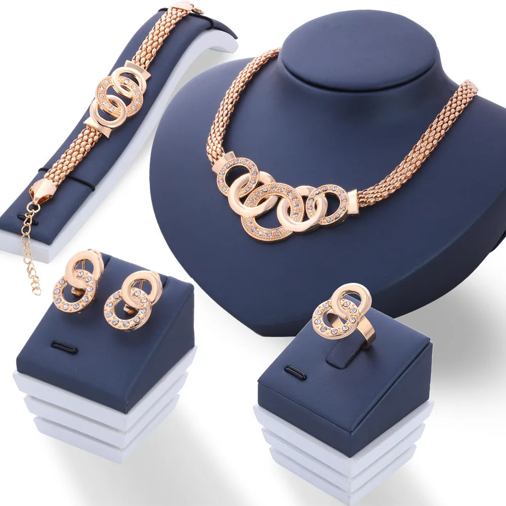 Fashion European and American Five-Ring Suit Necklace Earrings Bracelet Ring Four-Piece Set Retro Bride Photo Gift (120)