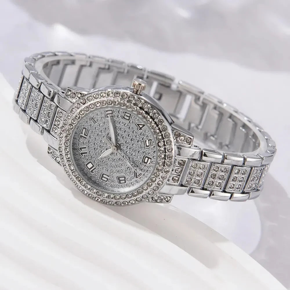 6Pcs/Set Women Watch Luxury Elegant Alloy Watch Crystal Wristwatch for Ladies Gift Quartz Watch Alloy Rhinestone Bracelet (133)