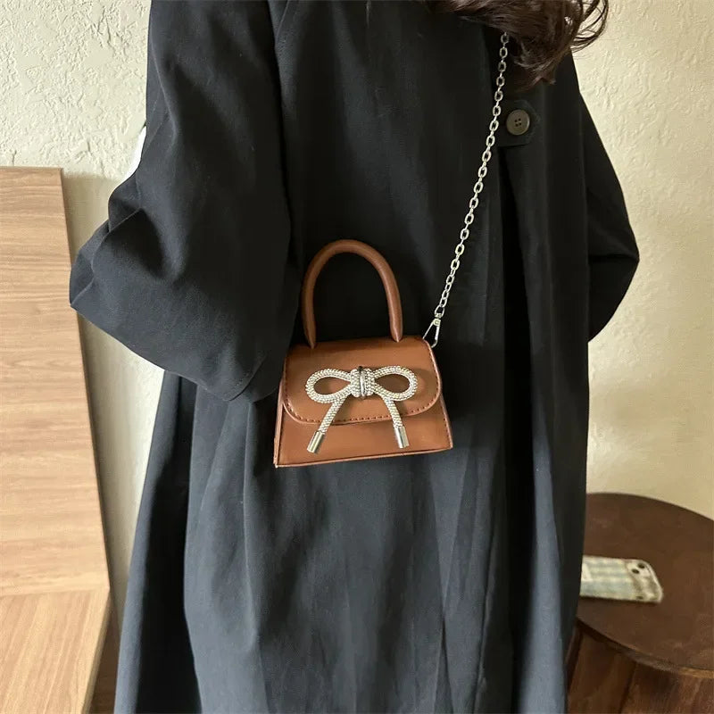 Bow Design Solid Color Mini Shoulder Bag PU Leather Flap Crossbody Bags for Women 2024 Fashion Female Chain Purse and Handbags (077)