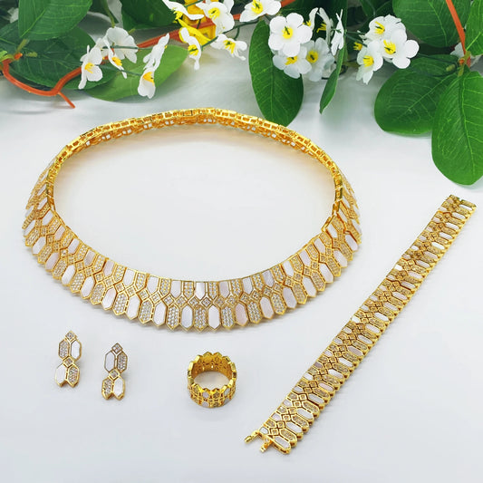 HY Hot Shell Electro Plated18K Gold Women'S 4-Piece Suit Neck Chain Earrings Bracelet Ring Wedding Party Gift Anniversary (067)