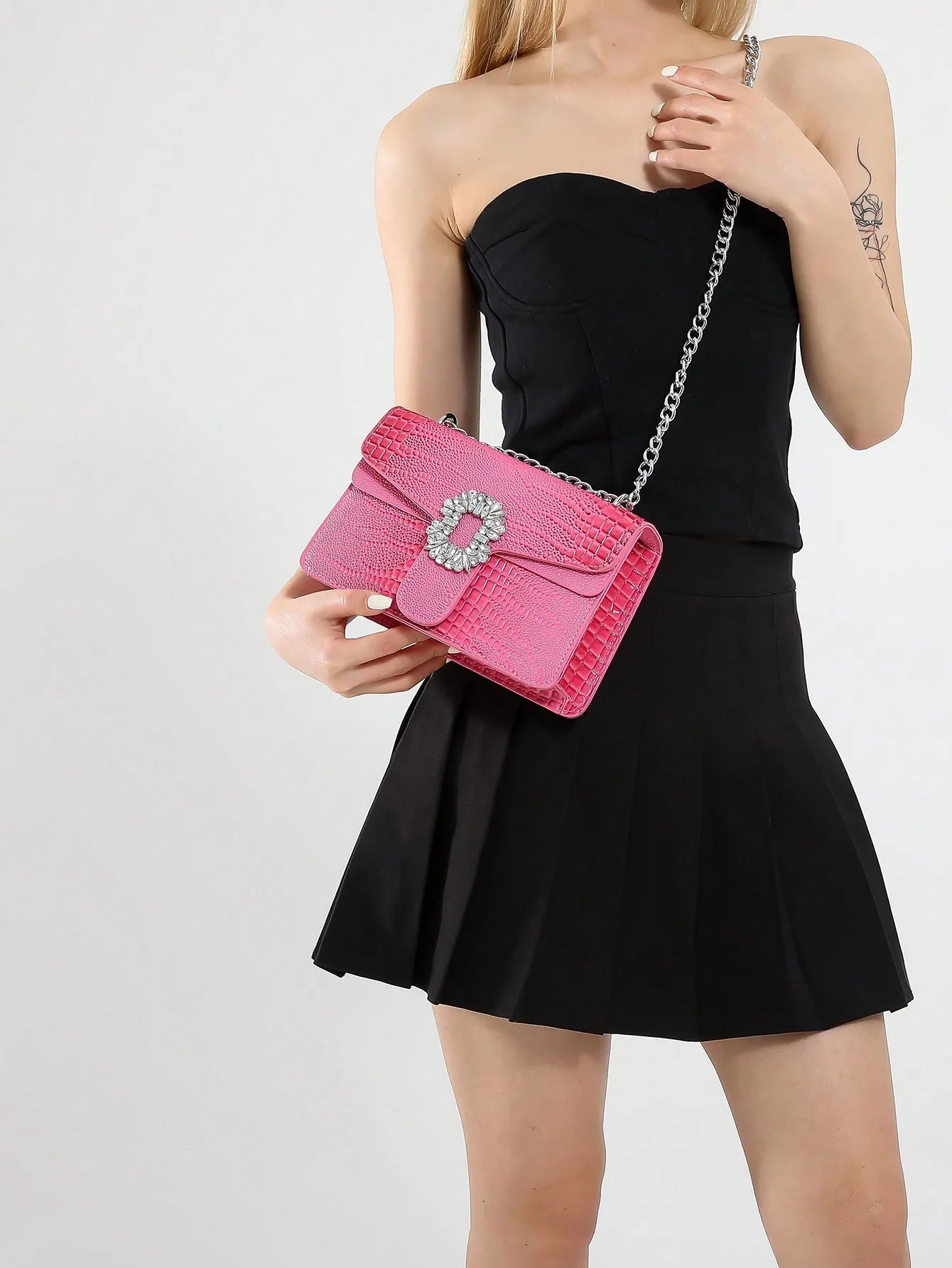 Crocodile Embossed Shoulder Bags for Women Flap PU Leather Fashion Rhinestone Decor Small Square Crossbody Bag Designer Handbag (016)