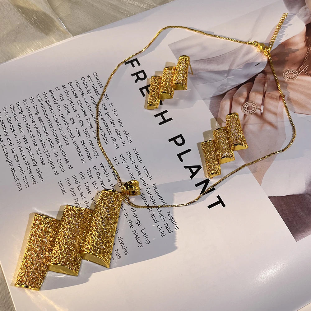 Dubai 24K Gold Color Long Jewelry Sets Wedding African Necklace Earrings for Women Nigerian Indian Bridal Set Party Gifts (073)
