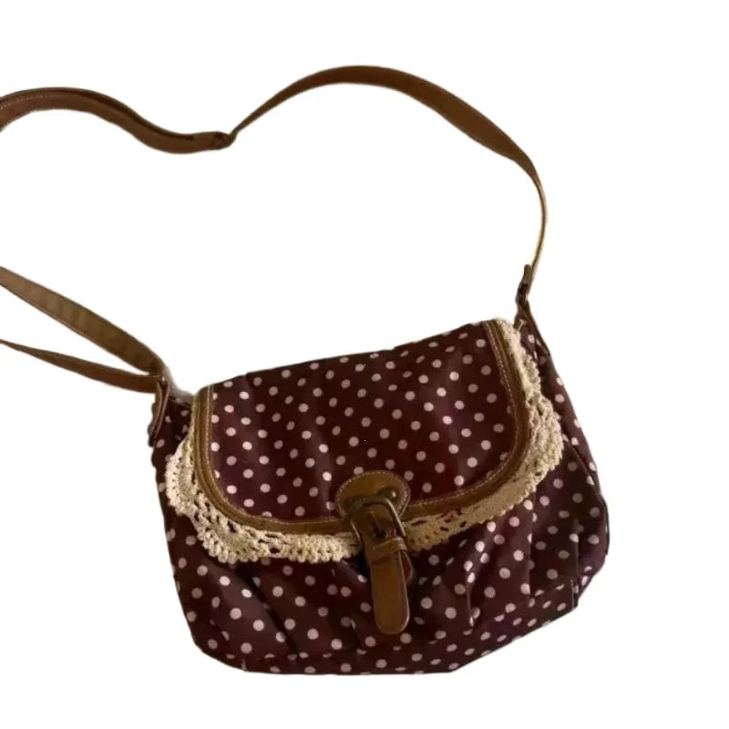 New Korean Polka Dot Niche Design Vintage Women'S Single Shoulder Crossbody Bags Fashion Polka Dot Canvas Bag (053)