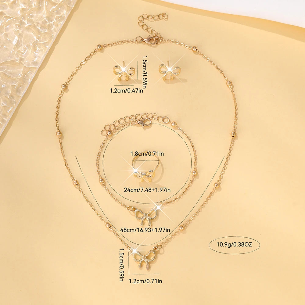 5Pcs Sweet Girls Bowknot & Butterfly Decor Pendant Necklace, Bracelet, Earrings Jewelry Set, Daily Accessories (122)