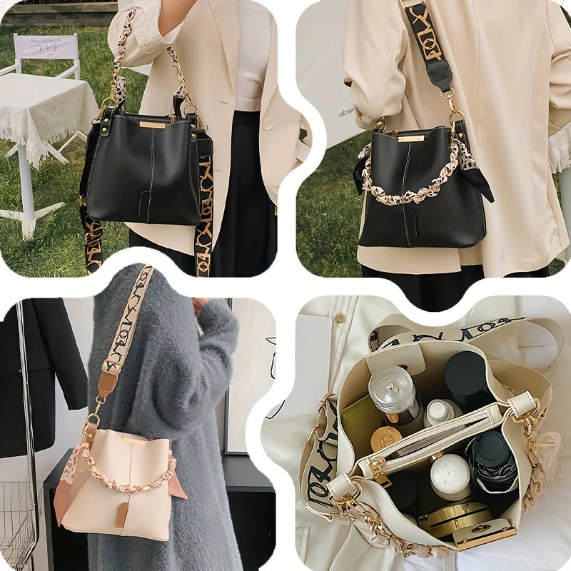 New Fashion Women'S Shoulder Bag Large Capacity Ribbon Chain Bucket Bag Crossbody Bag Daily Commuting