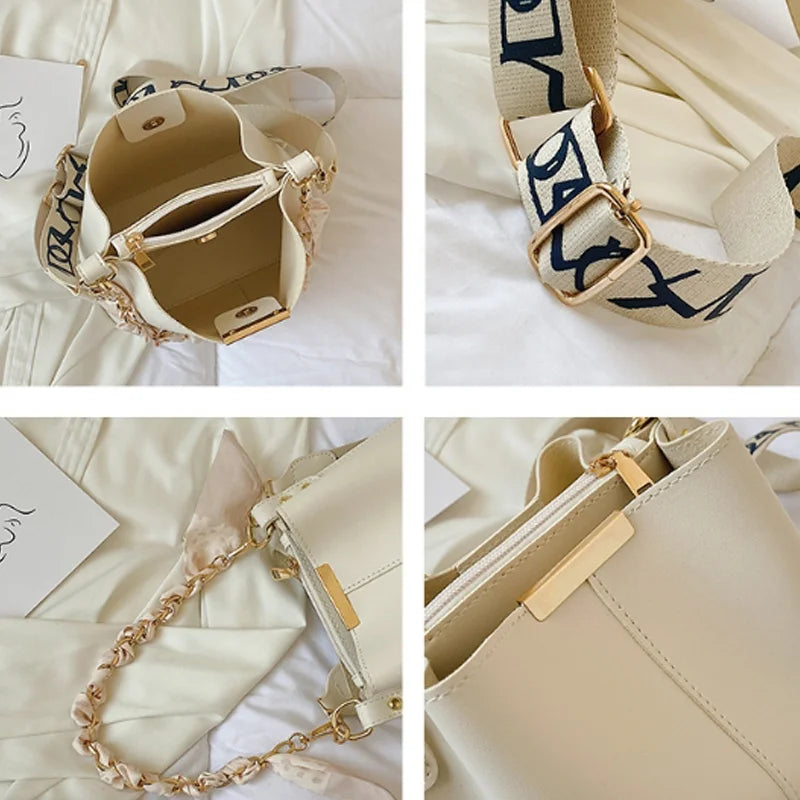 New Fashion Women'S Shoulder Bag Large Capacity Ribbon Chain Bucket Bag Crossbody Bag Daily Commuting