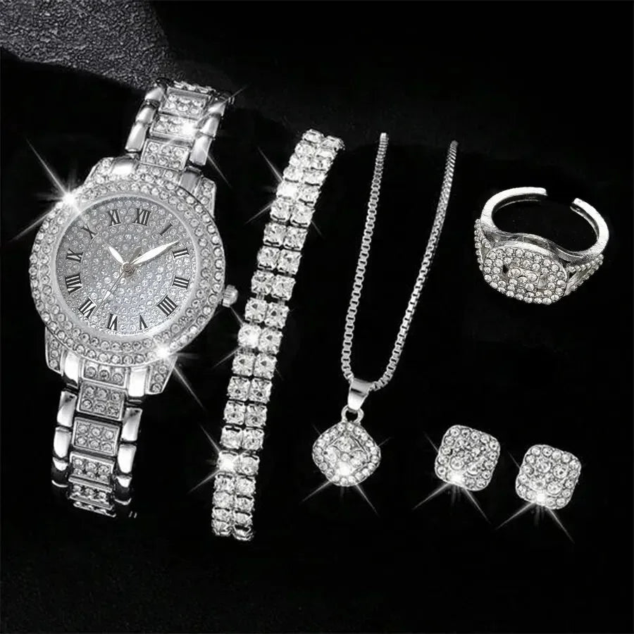 6Pcs/Set Women Watch Luxury Elegant Alloy Watch Crystal Wristwatch for Ladies Gift Quartz Watch Alloy Rhinestone Bracelet (133)