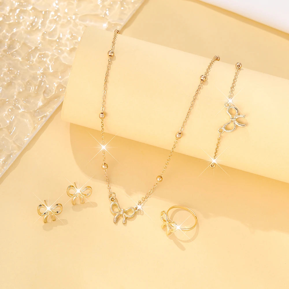 5Pcs Sweet Girls Bowknot & Butterfly Decor Pendant Necklace, Bracelet, Earrings Jewelry Set, Daily Accessories (122)