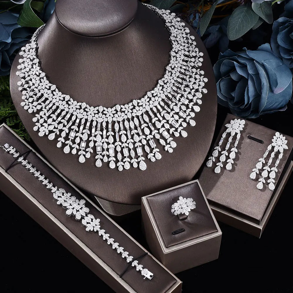 2022 New Fashion 4 Piece Bridal Zirconia Jewelry Set for Women'S Party, Luxury Dubai Nigerian Crystal Wedding Jewelry Set (013)
