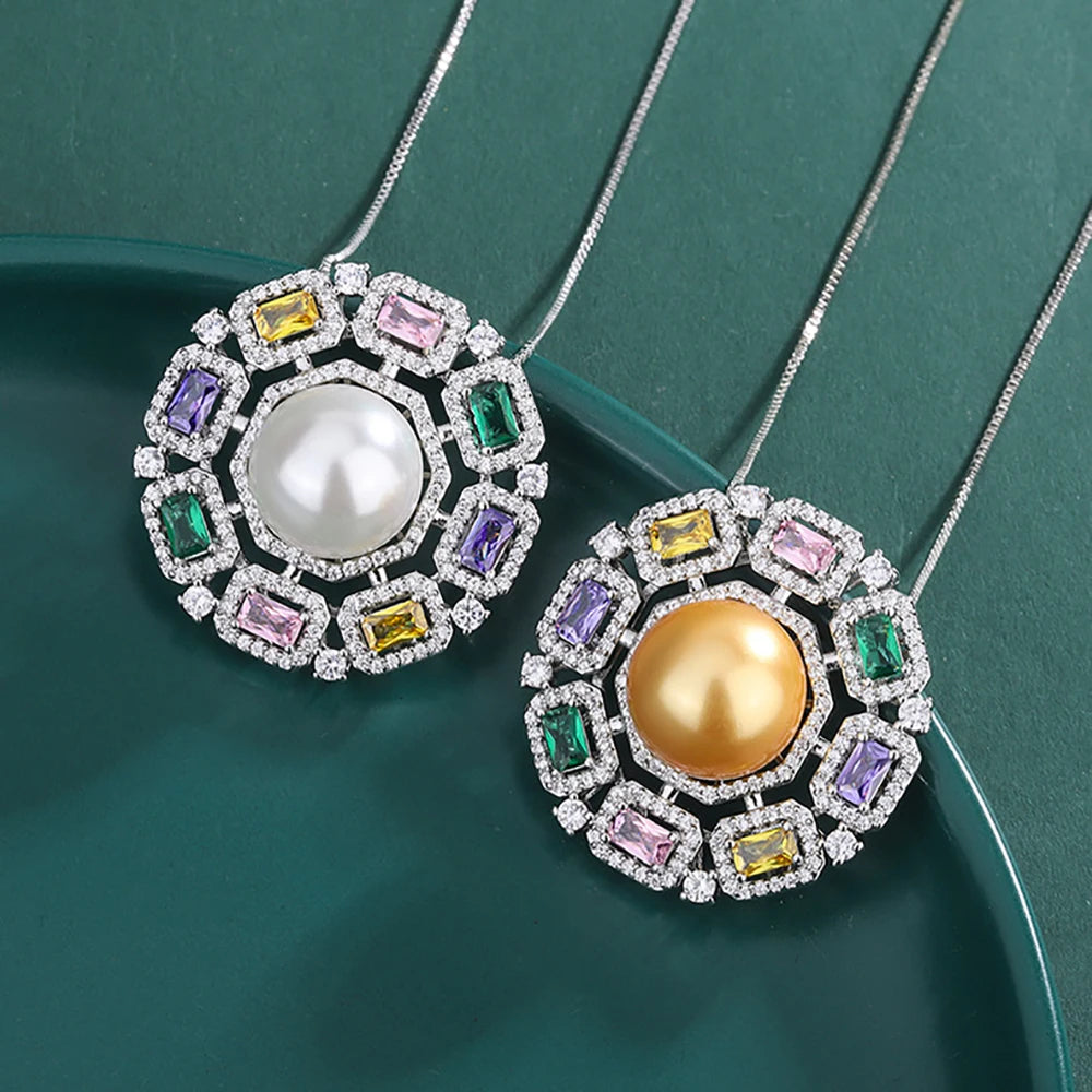 Luxury 14Mm White Gold Big Pearl Gemstone Pendant Necklace for Women High Carbon Diamonds Party Fine Jewelry Anniversary Gifts (086)