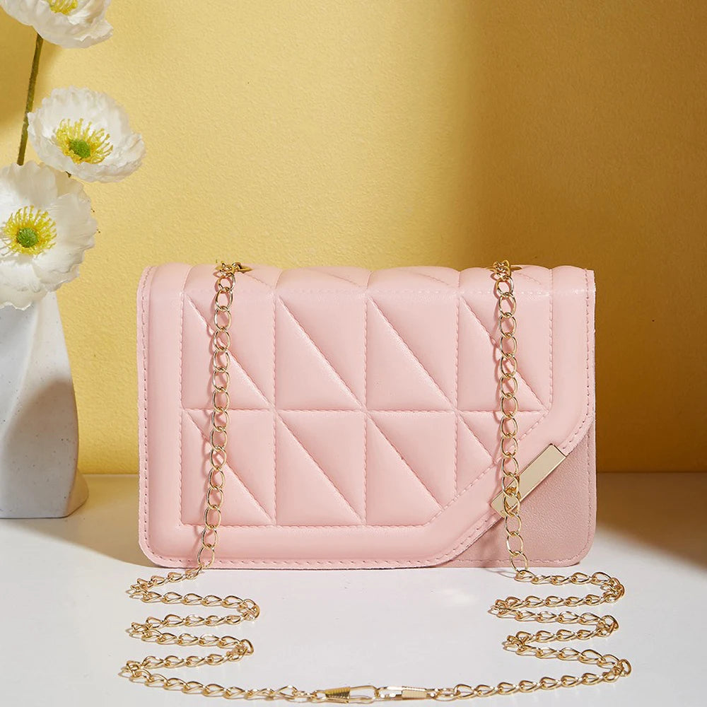 Trendy Embroidered Square Bag - Diamond Pattern Shoulder Purse with Chain Strap & Magnetic Closure (018)