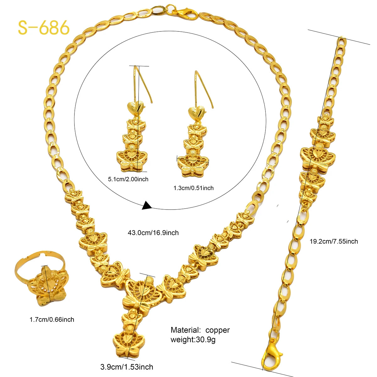 Indian 24K Gold Color Flower Shape Necklace Earrings Bracelet Ring Set Elegant Bridal Wedding Jewelry Sets for Dubai Lady (136)