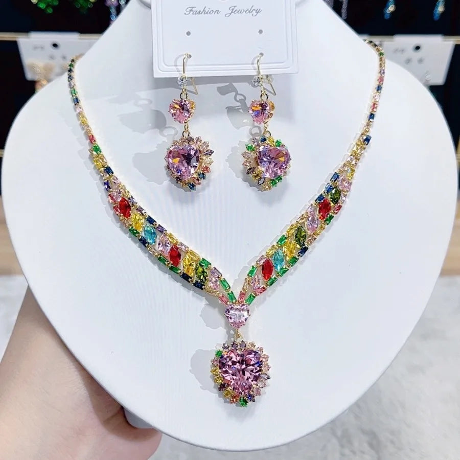 Women Colorful Fashion Zircon Necklace Earrings 2024 (89)