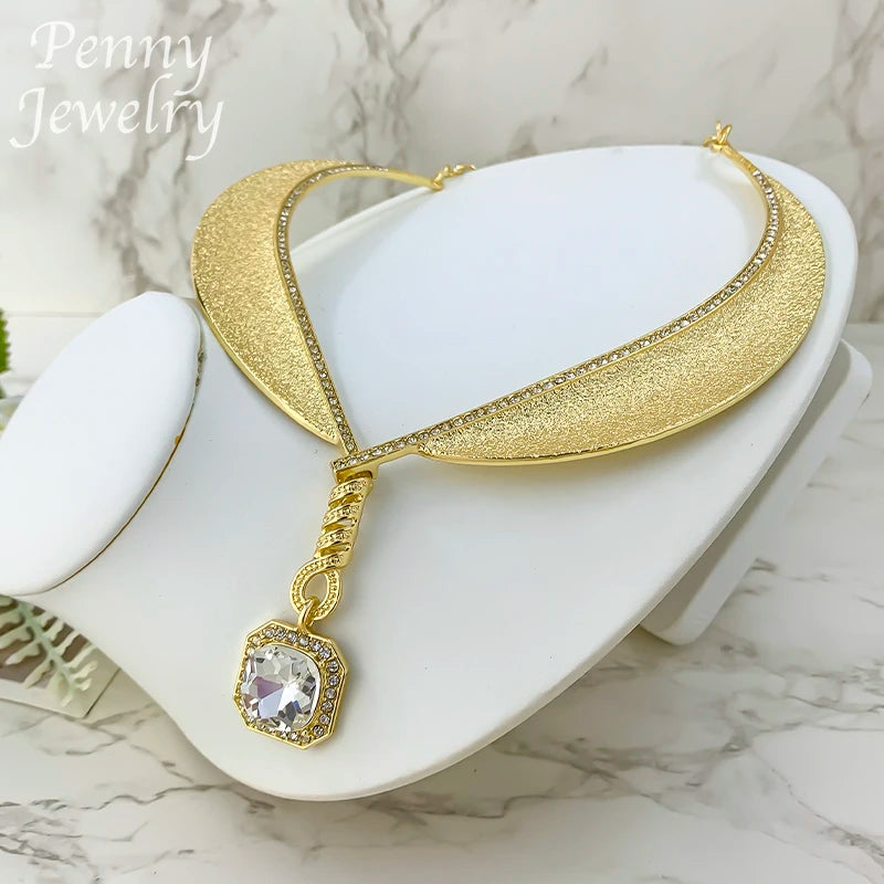 Rhinestone Bohemian Gold Plated 4Pcs Jewelry Set for Women Necklace Drop Earrings Bracelet Ring Bridal Wedding Party Gifts (148)