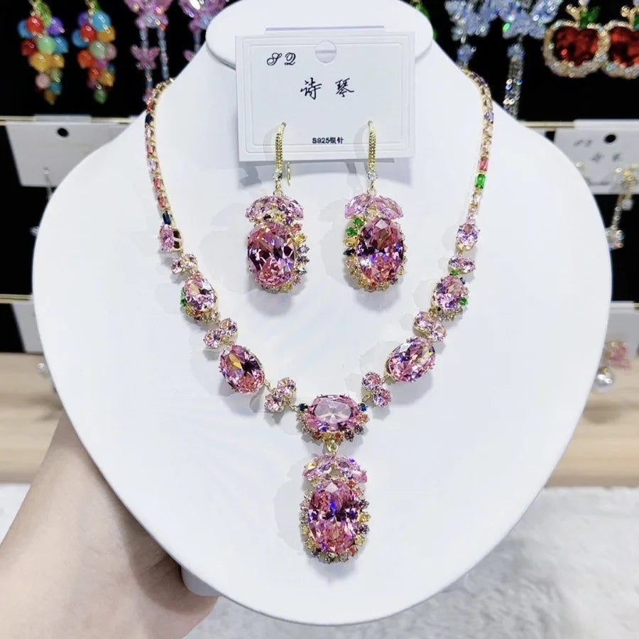 Women Colorful Fashion Zircon Necklace Earrings 2024 (89)