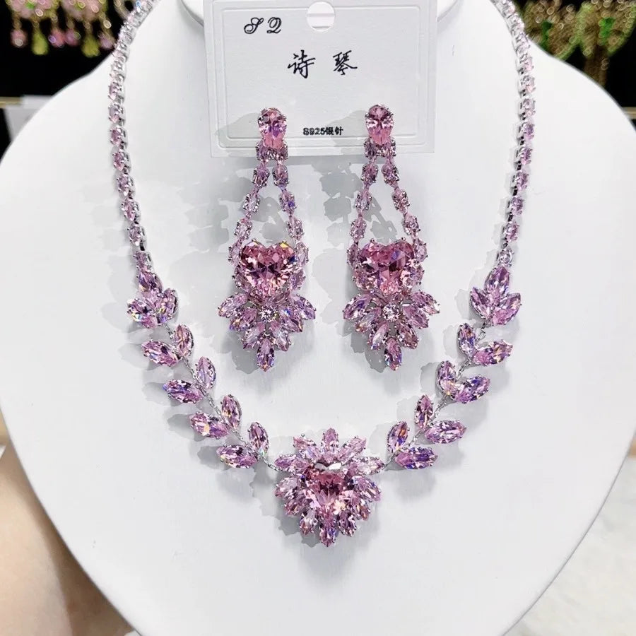 Women Colorful Fashion Zircon Necklace Earrings 2024 (89)