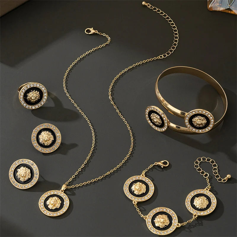 5Pcs/Set Gold-Plated Lion Head Party Jewelry Set for Women Crystal Pendant Necklace Bracelet Chains Bangles Earrings Ring (135)