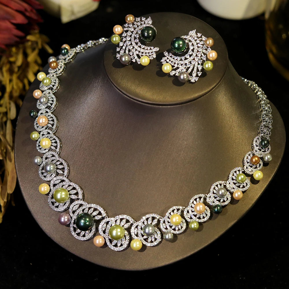 White Cubic Zirconia Luxury Choker Heptacolor Big Pearl Necklace Wedding Bridal Party Jewelry Sets for Women X0538 (058)