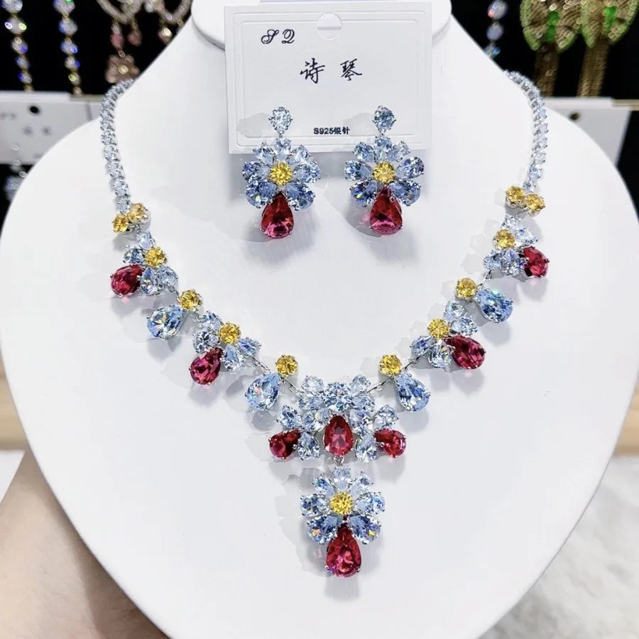 Women Colorful Fashion Zircon Necklace Earrings 2024 (89)