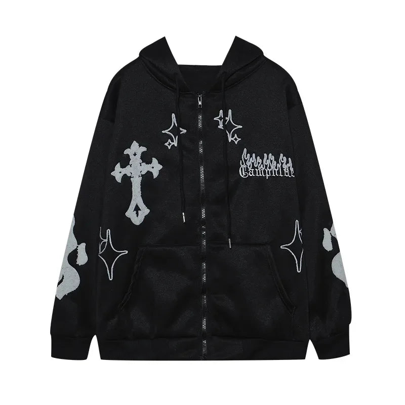 2024 Autumn/Winter Hooded Sweatshirt Embroidered Cross Fire Jacket Fleece-Lined Couple Loose-Fit Top Sweatshirt