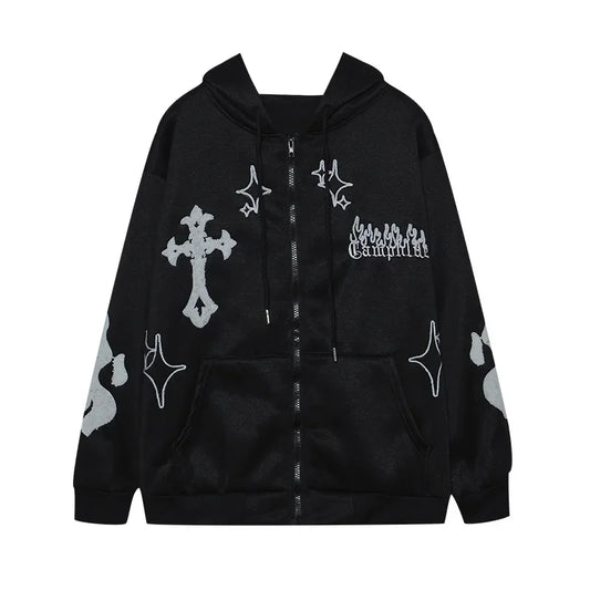 2024 Autumn/Winter Hooded Sweatshirt Embroidered Cross Fire Jacket Fleece-Lined Couple Loose-Fit Top Sweatshirt