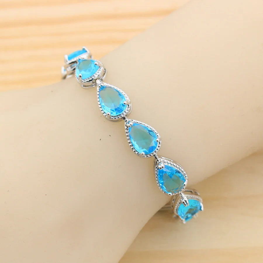 Fashion Sky Blue Water Drop Zirconia 925 Silver Jewelry Sets for Women Earrings Necklace Pendant Ring Bracelet Wedding Gift (154)