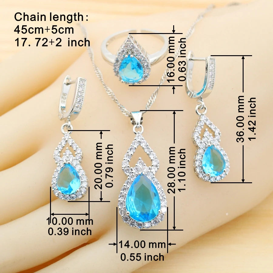 Fashion Sky Blue Water Drop Zirconia 925 Silver Jewelry Sets for Women Earrings Necklace Pendant Ring Bracelet Wedding Gift (154)
