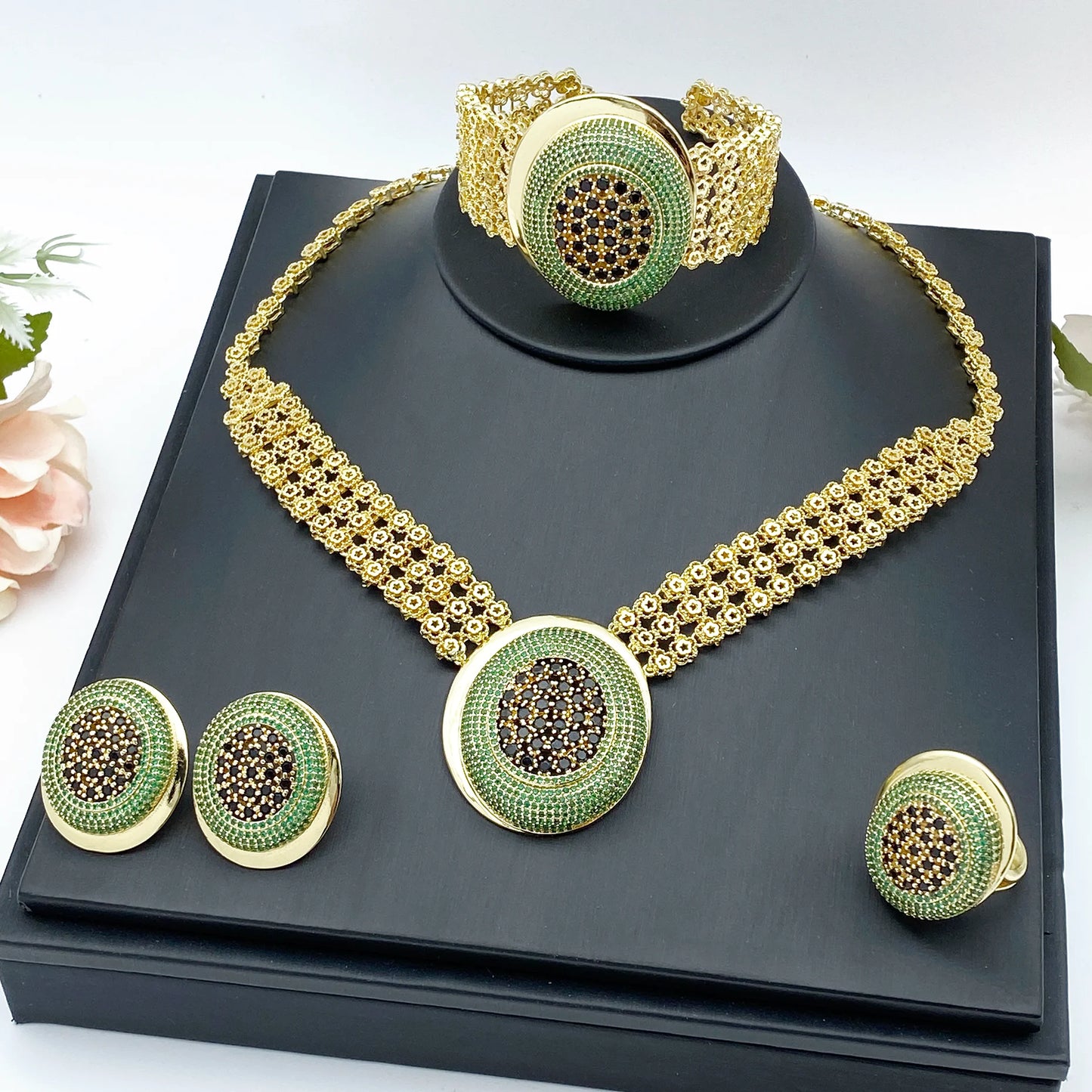 HY Gold-Plated Zirconia 4-Piece Bridal Necklace, Earrings, Bracelet, Ring, Ultra-Fashionable Libyan Dubai Bridal Jewelry Set (091)
