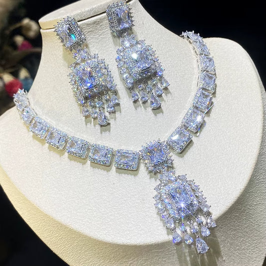 New Luxury Green Blue Red CZ Stone Earrings Necklace 2PCS Big Long Drop Wedding Bridal Dress Jewelry Set for Women