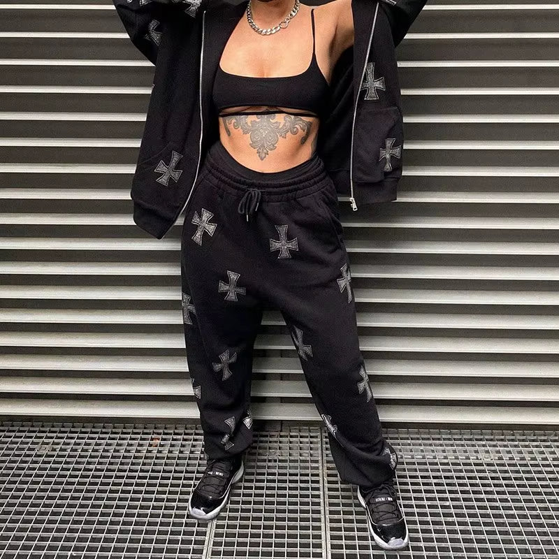 Women'S Fashion Rhinestone Cross Print Y2K Zip up Hoodies E-Girl 90S Vintage Long Sleeve Coat Oversized Gothic Jacket Autumn Top