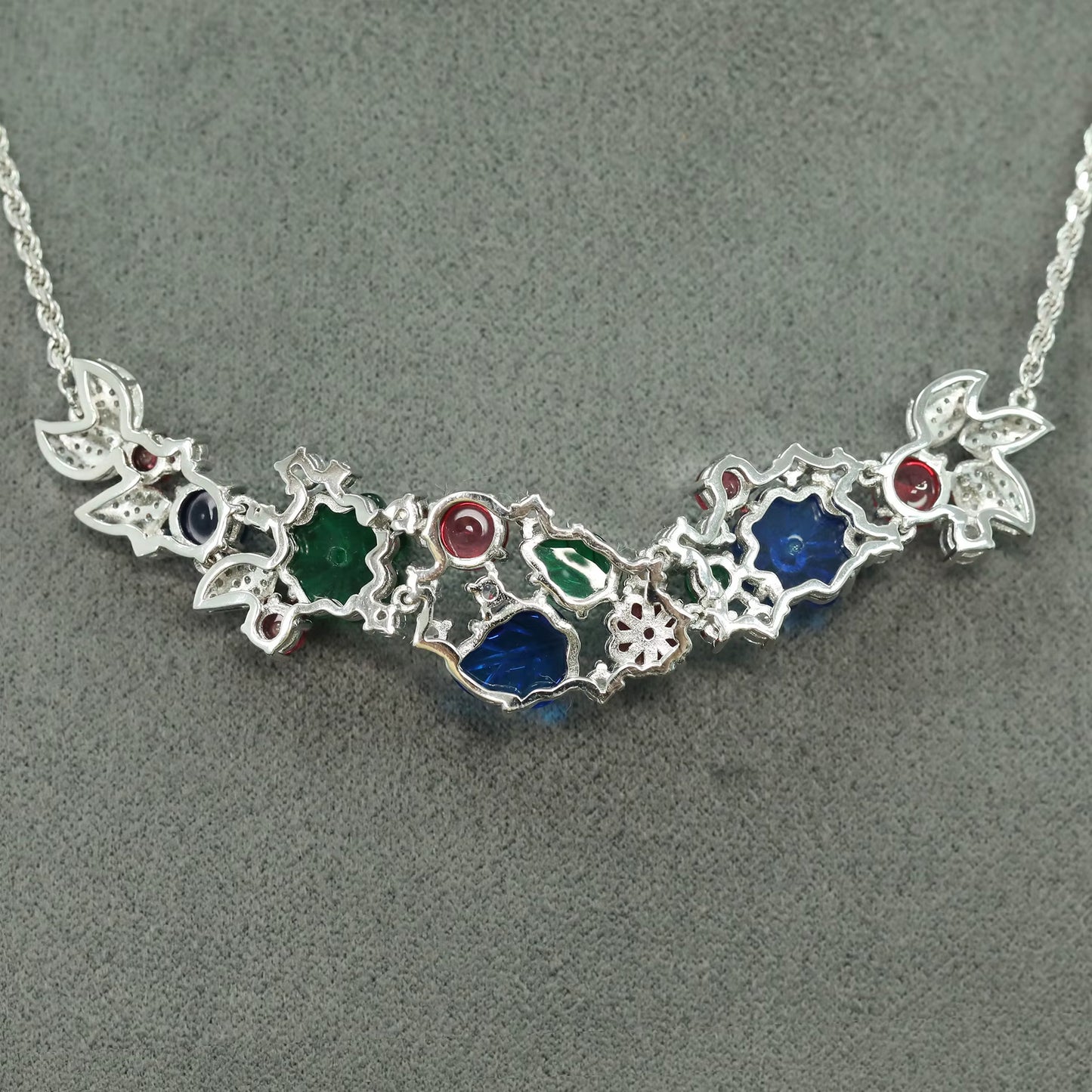 Vintage 925 Sterling Silver Sapphire Ruby Emerald High Carbon Diamonds Gemstone Cocktail Pendant Necklaces Fine Jewelry (082)