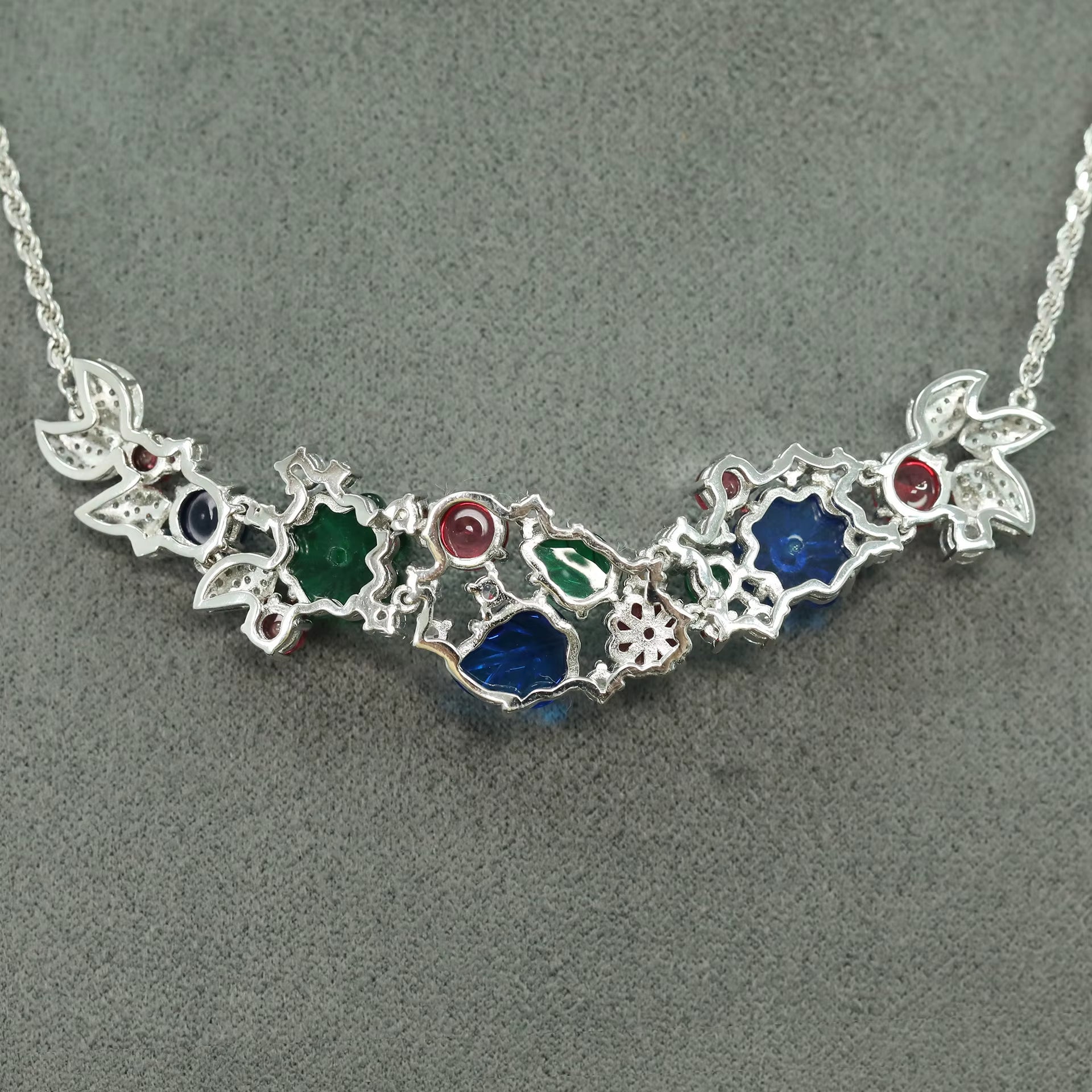 Vintage 925 Sterling Silver Sapphire Ruby Emerald High Carbon Diamonds Gemstone Cocktail Pendant Necklaces Fine Jewelry (082)