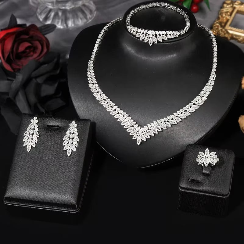 Classic Rectangular Cubic Zirconia Wedding Necklace and Earring Set Dubai Nigeria CZ Bridal Jewelry Set (070)