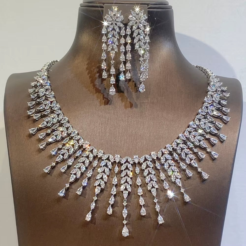 New CZ Design African Bridal Jewelry Set Fashion Leaf Shape Fringe Zircon Necklace 2-Piece Set Women'S Wedding Party Accessories (057)