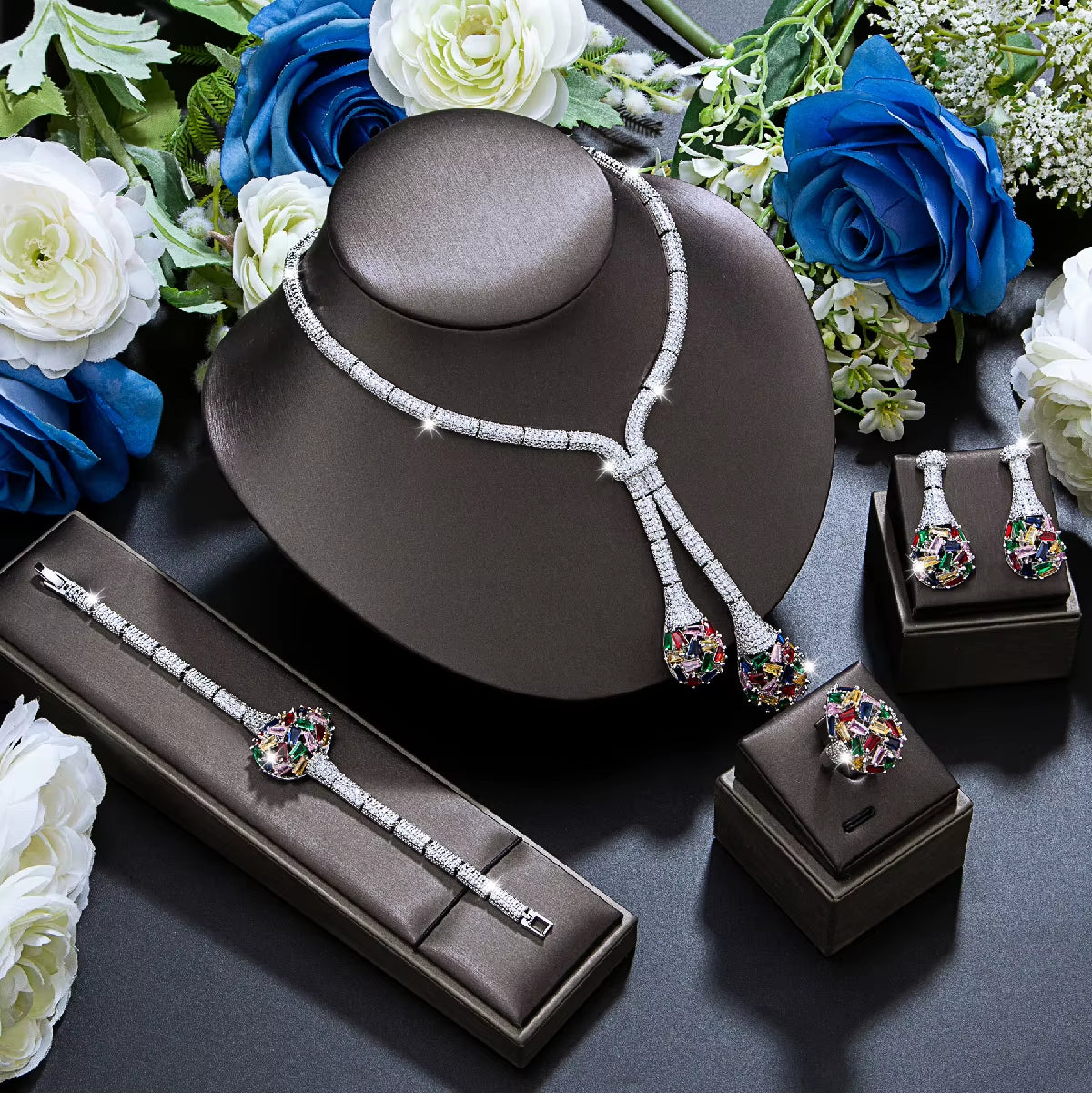 Luxury Wedding Jewelry Nigeria Designed Cubic Zirconia Large Bridal Necklace Earring Set, Suitable for Women'S Jewelry (044)