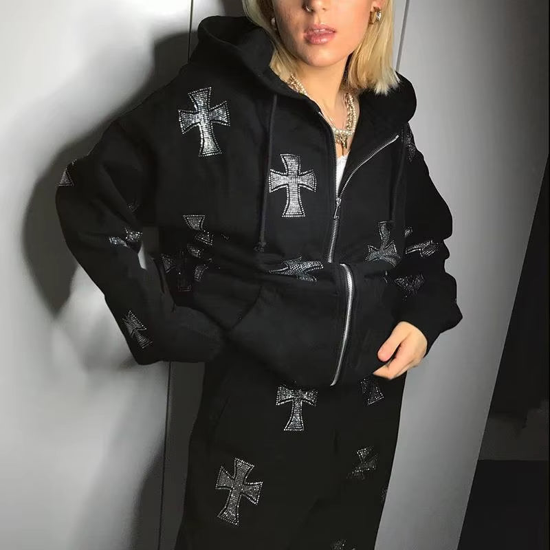 Women'S Fashion Rhinestone Cross Print Y2K Zip up Hoodies E-Girl 90S Vintage Long Sleeve Coat Oversized Gothic Jacket Autumn Top