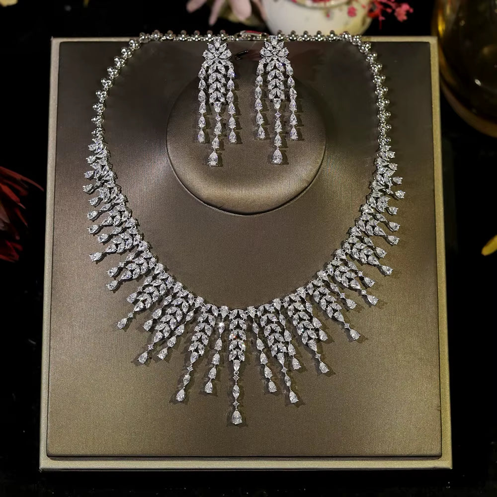 New CZ Design African Bridal Jewelry Set Fashion Leaf Shape Fringe Zircon Necklace 2-Piece Set Women'S Wedding Party Accessories (057)
