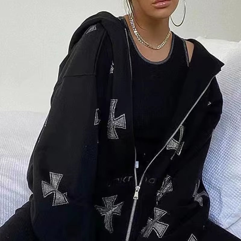 Women'S Fashion Rhinestone Cross Print Y2K Zip up Hoodies E-Girl 90S Vintage Long Sleeve Coat Oversized Gothic Jacket Autumn Top