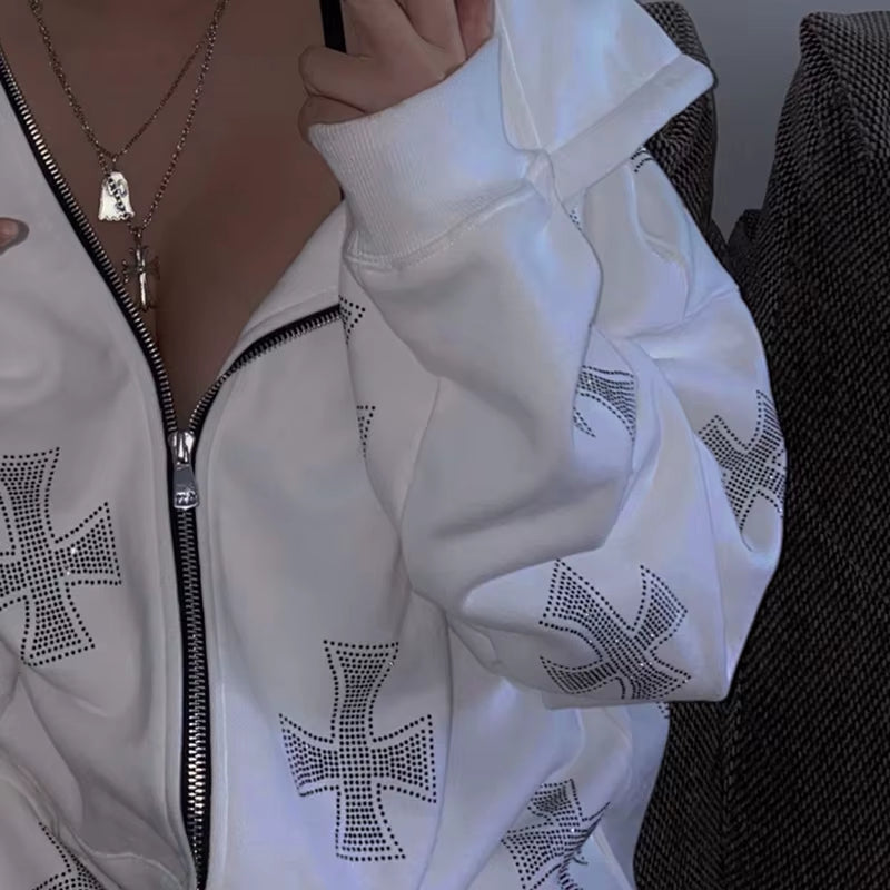 Women'S Fashion Rhinestone Cross Print Y2K Zip up Hoodies E-Girl 90S Vintage Long Sleeve Coat Oversized Gothic Jacket Autumn Top