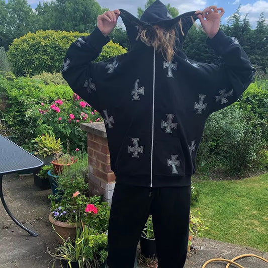 Women'S Fashion Rhinestone Cross Print Y2K Zip up Hoodies E-Girl 90S Vintage Long Sleeve Coat Oversized Gothic Jacket Autumn Top