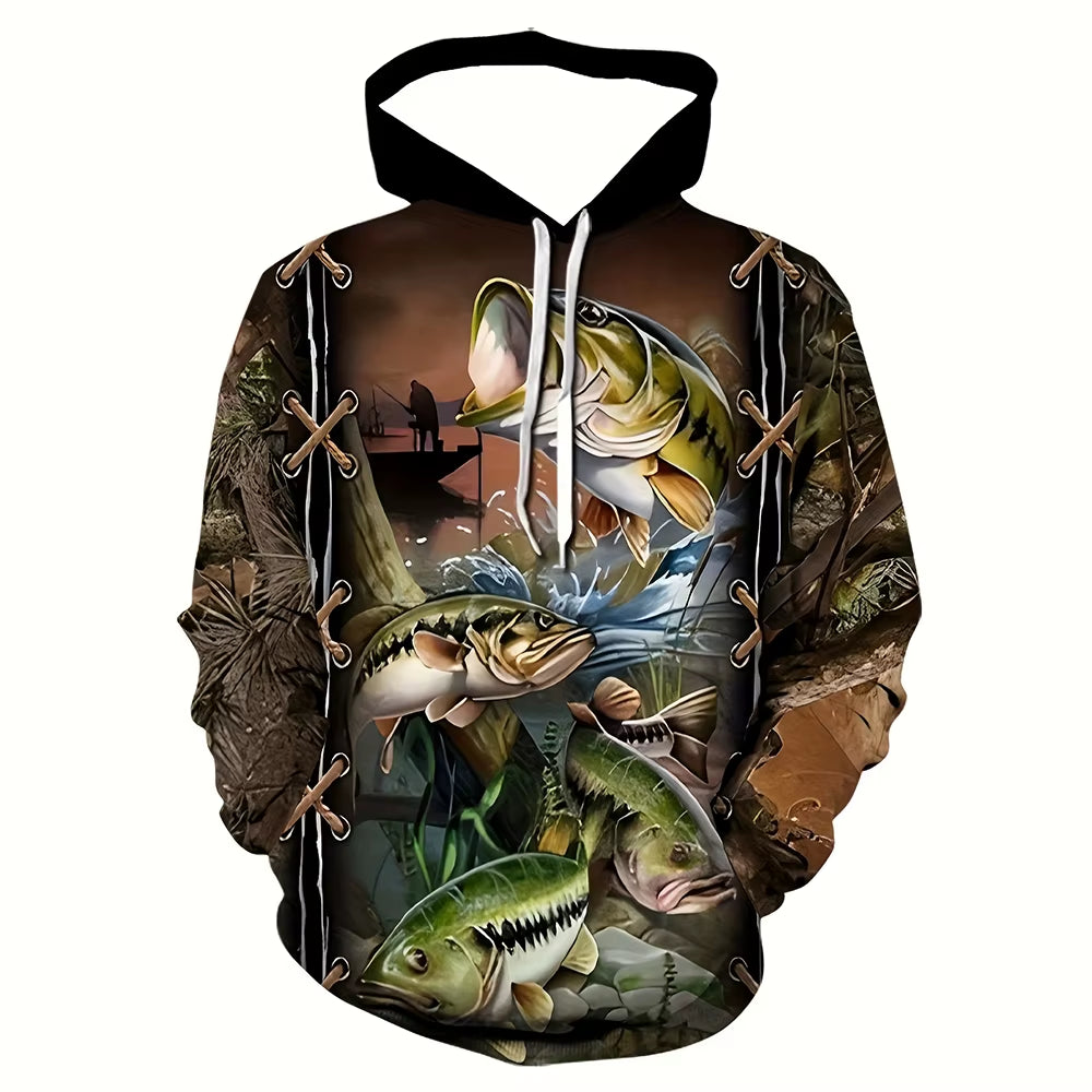 Fashion Men'S Hoodies Fishing Print Outdoors Casual Sweatshirts 2025 New Long Sleeves Hoodies Loose Men'S Clothing Y2K Tops