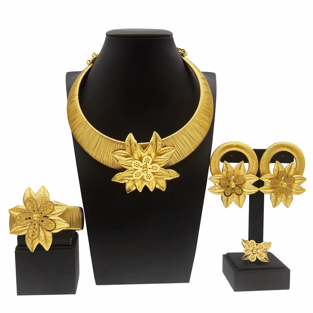 Woman Jewelry Set 24K Gold Plated Original Dress Luxury Necklace Earrings Wedding Banquet Dubai Gold Jewelry (041)