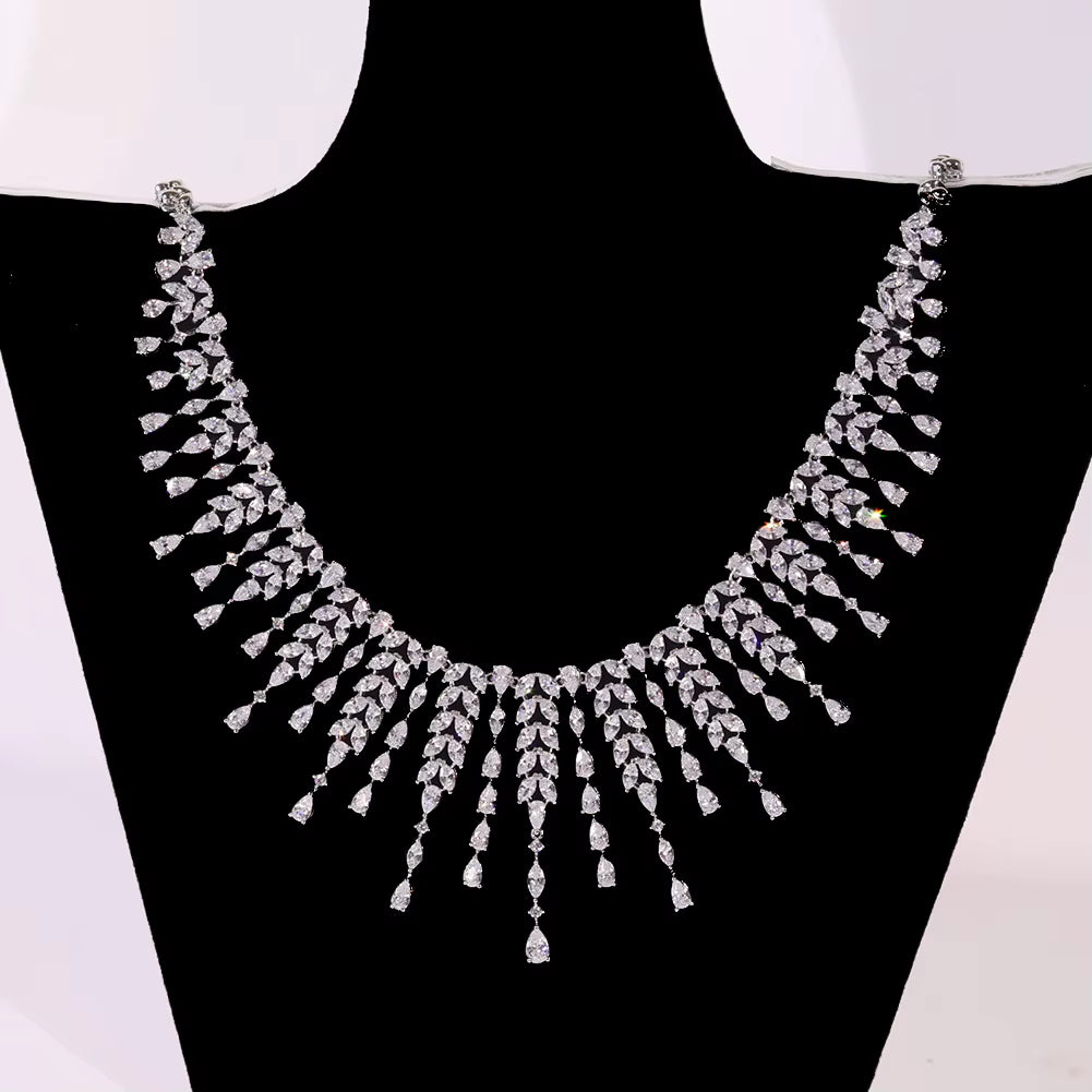 New CZ Design African Bridal Jewelry Set Fashion Leaf Shape Fringe Zircon Necklace 2-Piece Set Women'S Wedding Party Accessories (057)