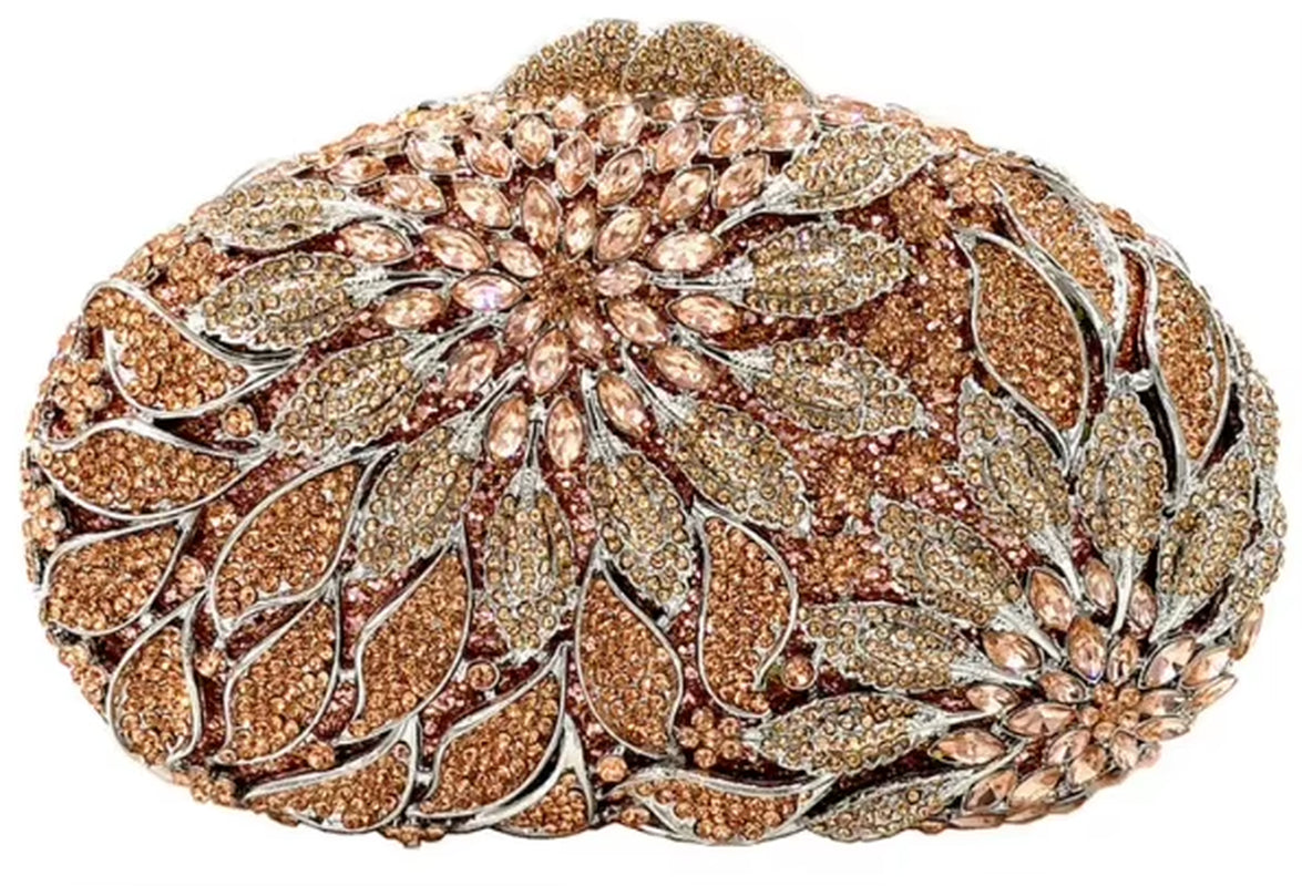 Gold Metal Leaves White Crystals Evening Clutch Bags Luxury Women Wedding Party Purse Ball Handbags Rhinestone Mini Minaudiere (070)