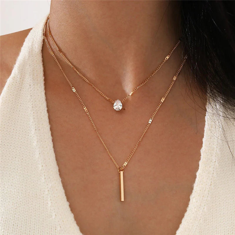 Crystal Zircon Heart Star Charm Layered Pendant Necklace Set for Women Charms Fashion Square Rhinestone Female Vintage Jewelry