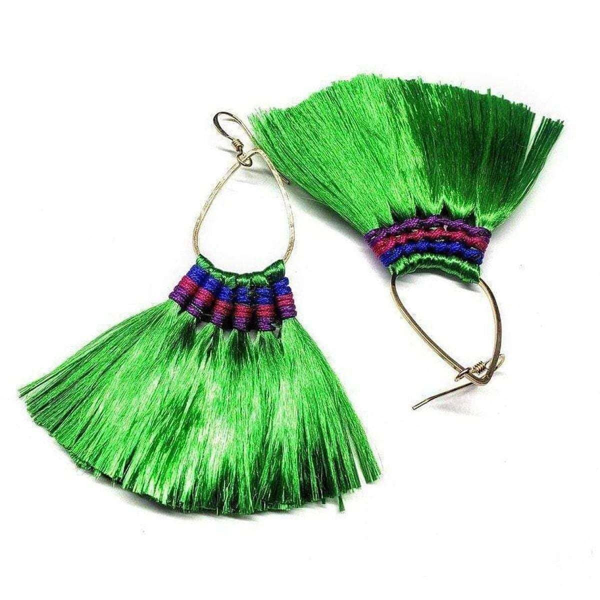 Vibrant Hula Skirt Tassel Hoop Earrings with Rayon Silk Accents